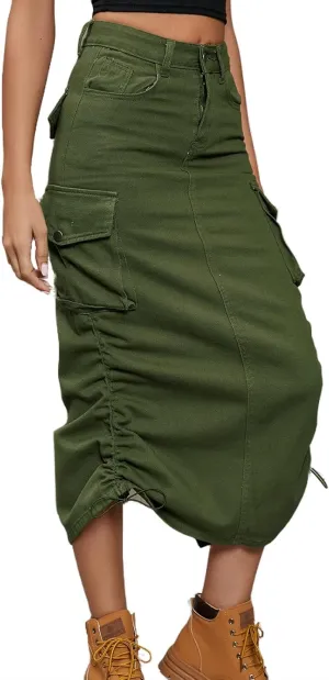Womens High Waisted Cargo Midi Skirt Drawstring Shirred Y2k Harajuku Skirt with Pockets