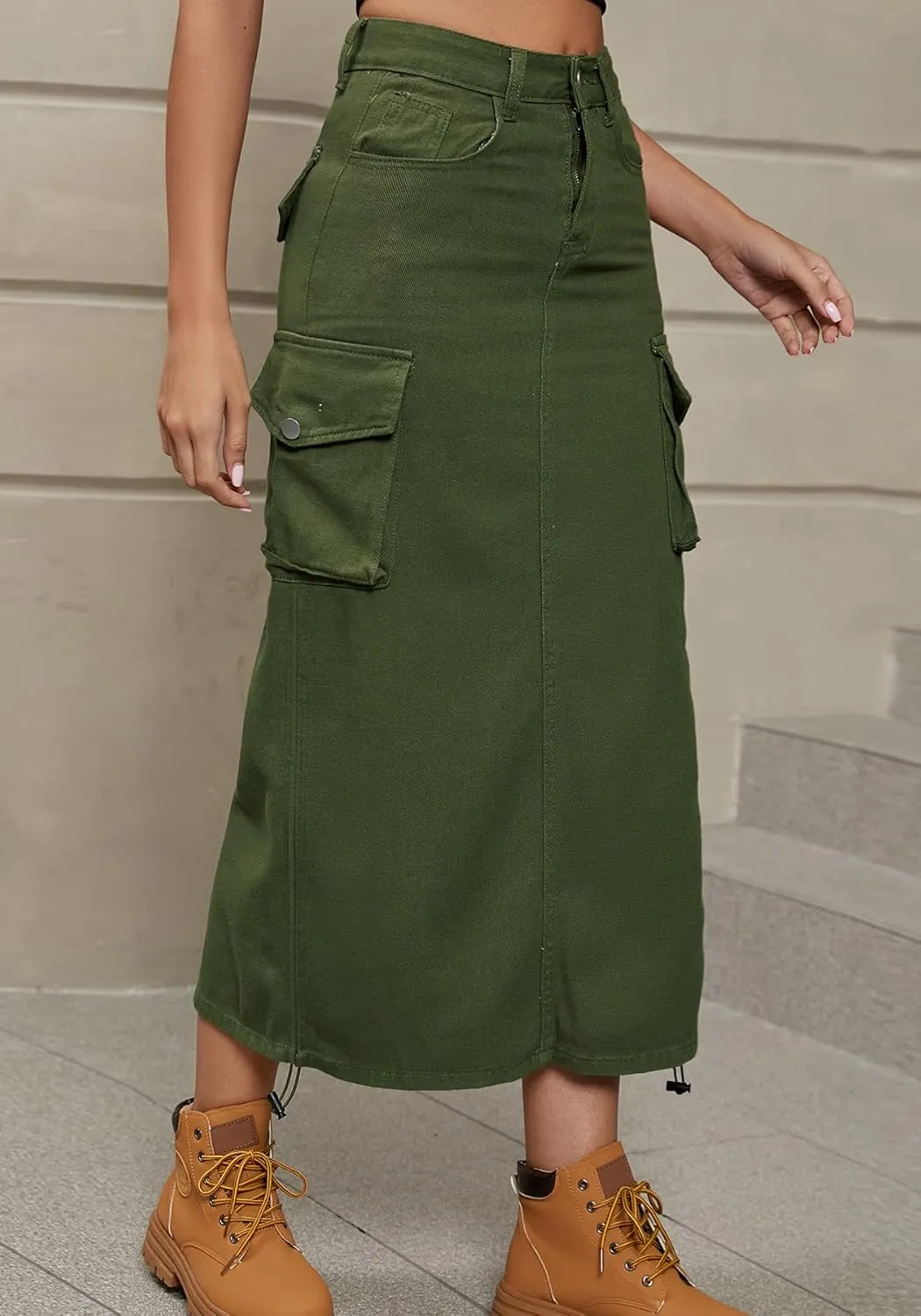 Womens High Waisted Cargo Midi Skirt Drawstring Shirred Y2k Harajuku Skirt with Pockets