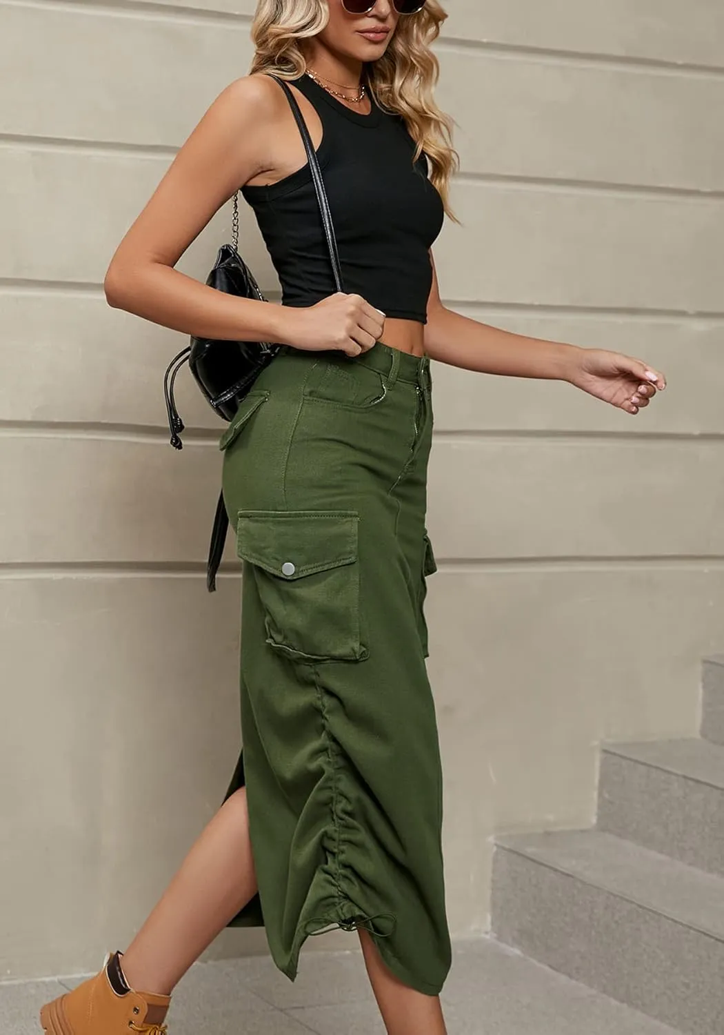Womens High Waisted Cargo Midi Skirt Drawstring Shirred Y2k Harajuku Skirt with Pockets