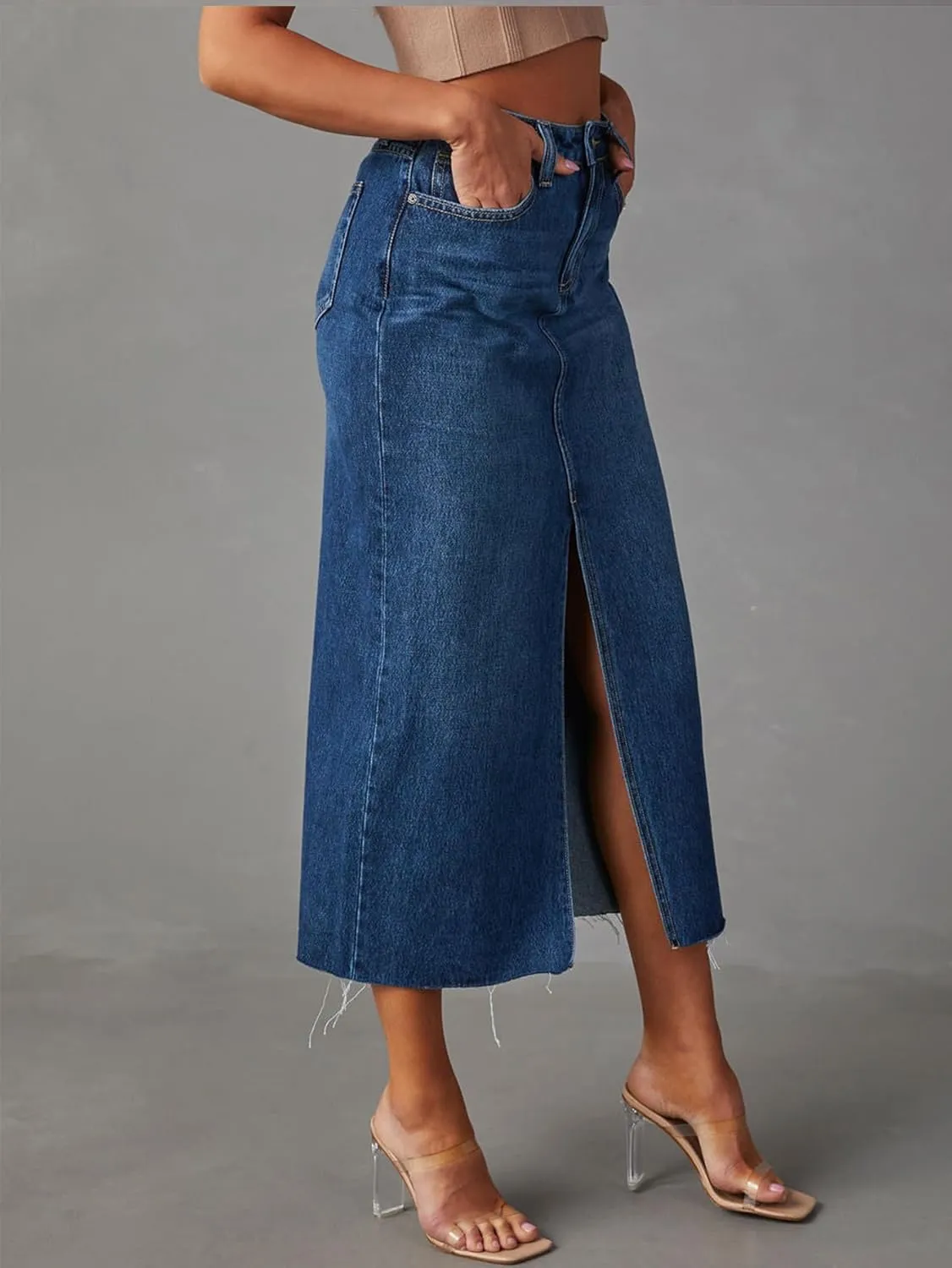 Women's High Waisted Denim Skirt Front Slit Midi A-Line Casual Long Maxi Jean Skirts with Pocket
