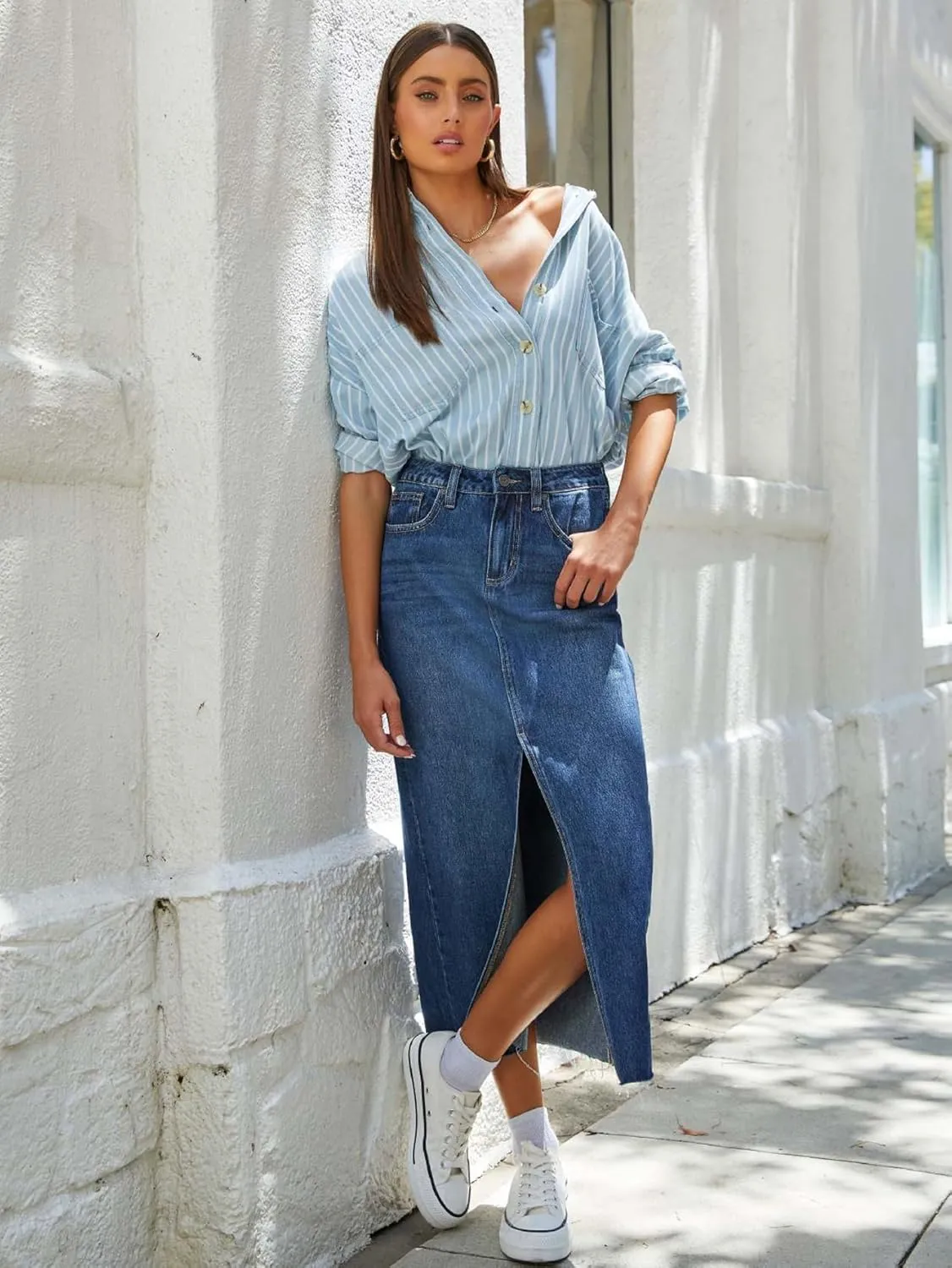 Women's High Waisted Denim Skirt Front Slit Midi A-Line Casual Long Maxi Jean Skirts with Pocket