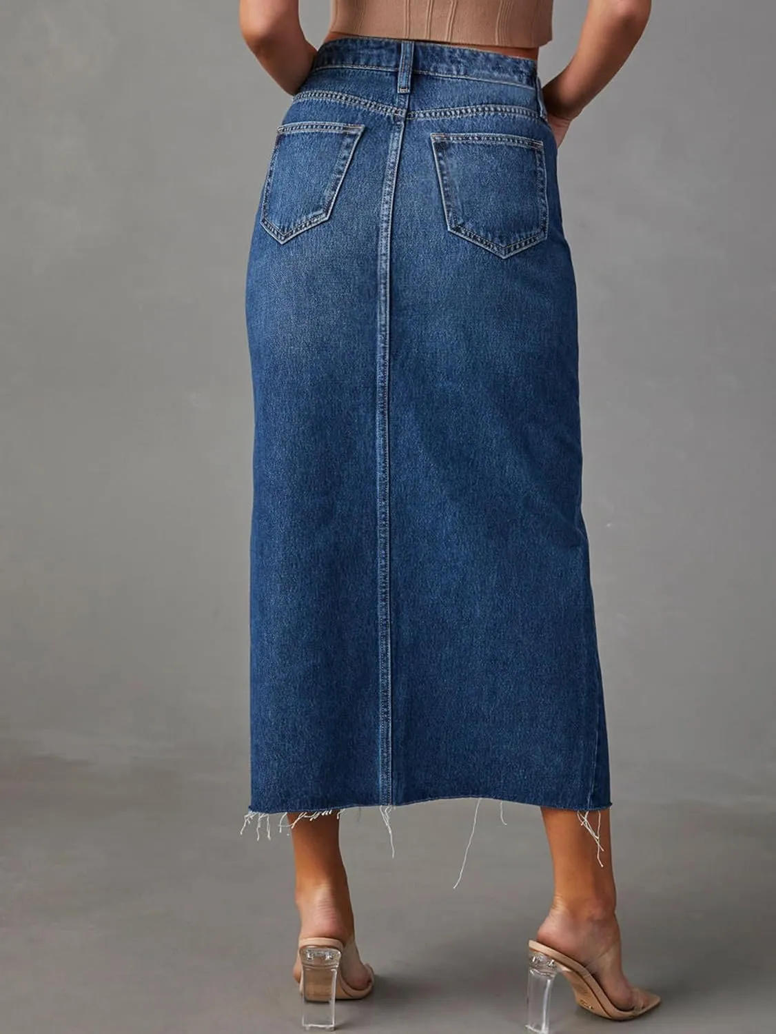 Women's High Waisted Denim Skirt Front Slit Midi A-Line Casual Long Maxi Jean Skirts with Pocket