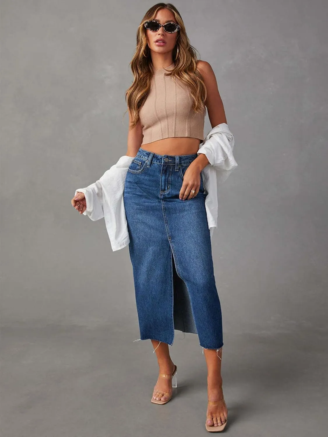 Women's High Waisted Denim Skirt Front Slit Midi A-Line Casual Long Maxi Jean Skirts with Pocket