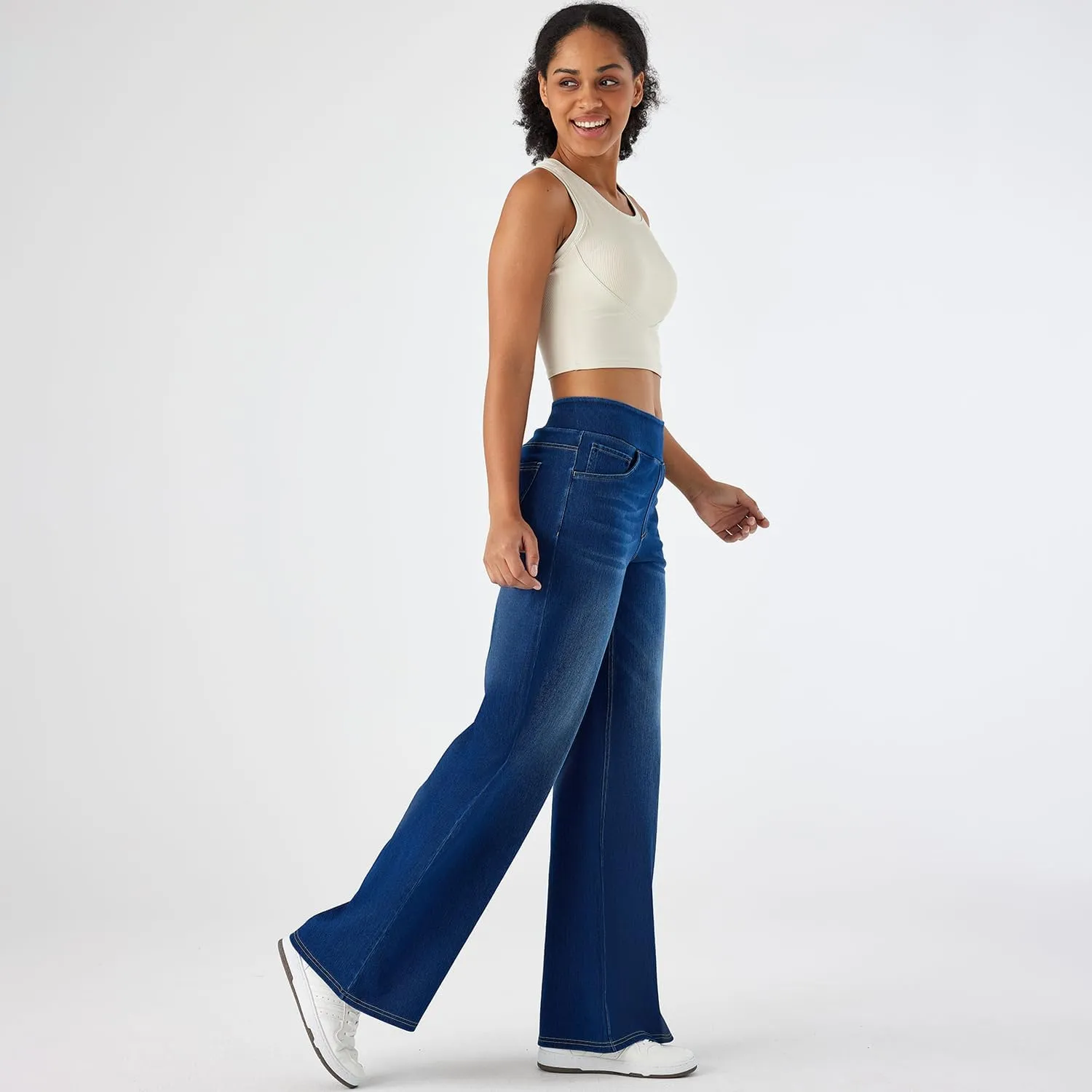 Women's High Waisted Wide Leg Jeggings – Stretch Denim Pull On Flare Jeans with Pockets Casual Comfy Pants