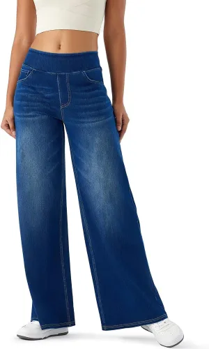 Women's High Waisted Wide Leg Jeggings – Stretch Denim Pull On Flare Jeans with Pockets Casual Comfy Pants