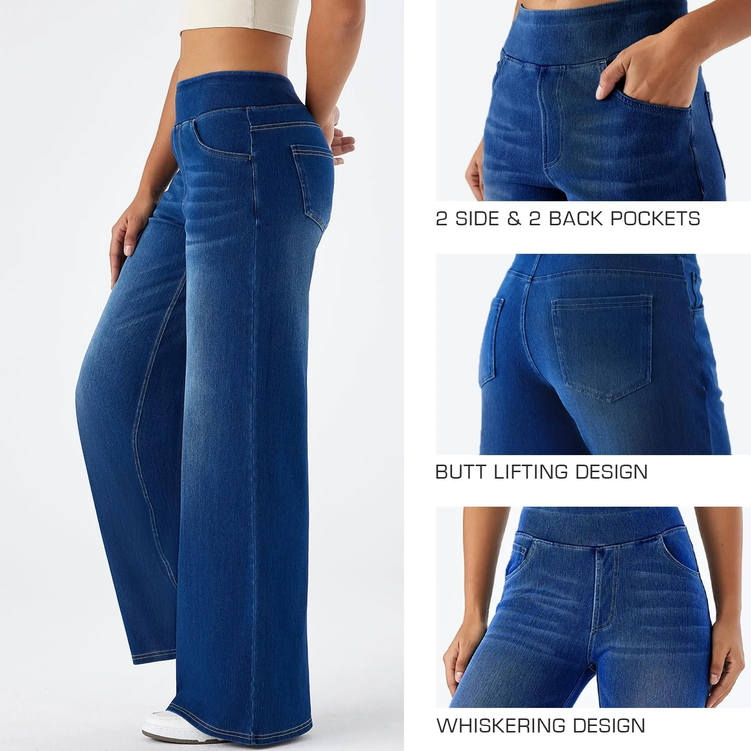 Women's High Waisted Wide Leg Jeggings – Stretch Denim Pull On Flare Jeans with Pockets Casual Comfy Pants