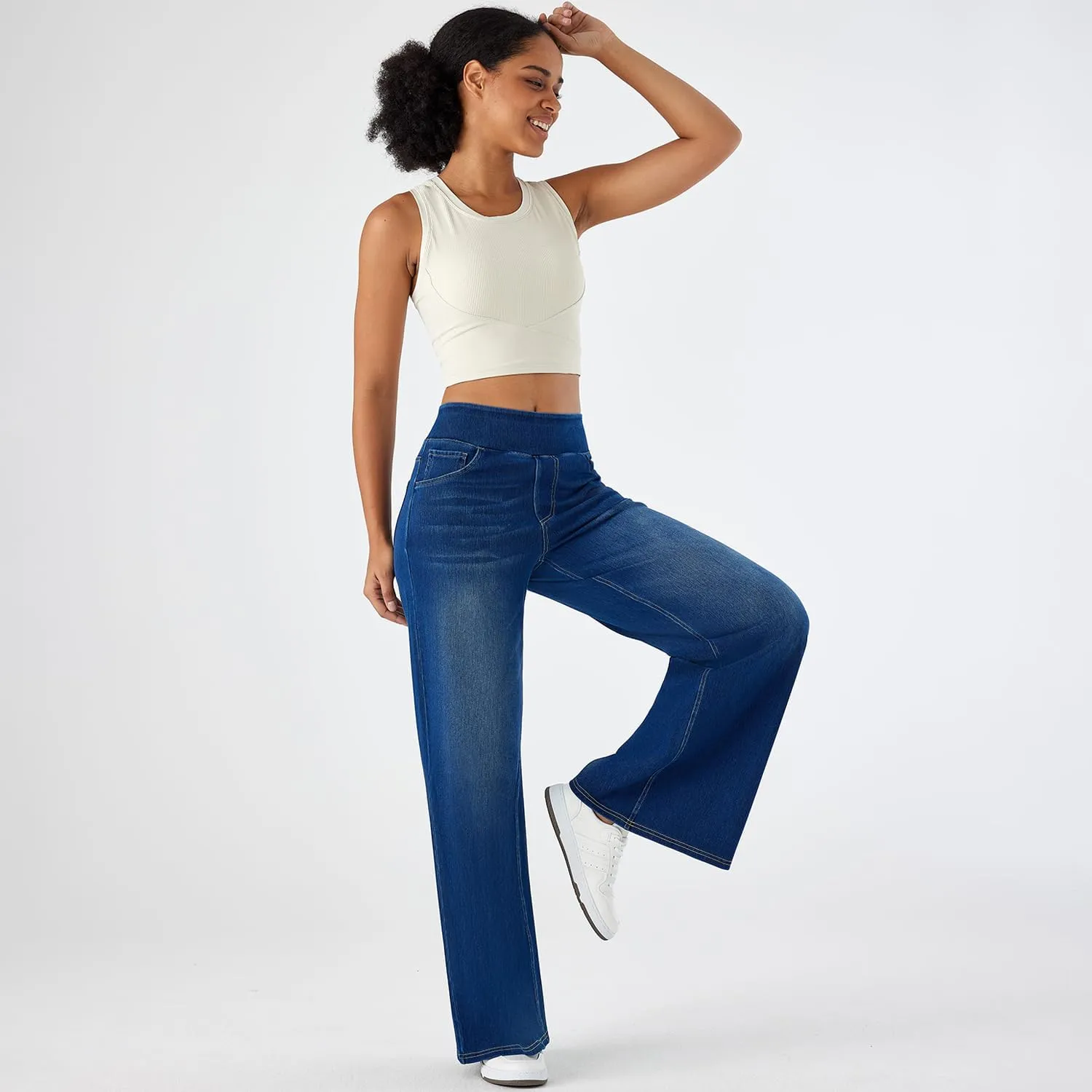 Women's High Waisted Wide Leg Jeggings – Stretch Denim Pull On Flare Jeans with Pockets Casual Comfy Pants