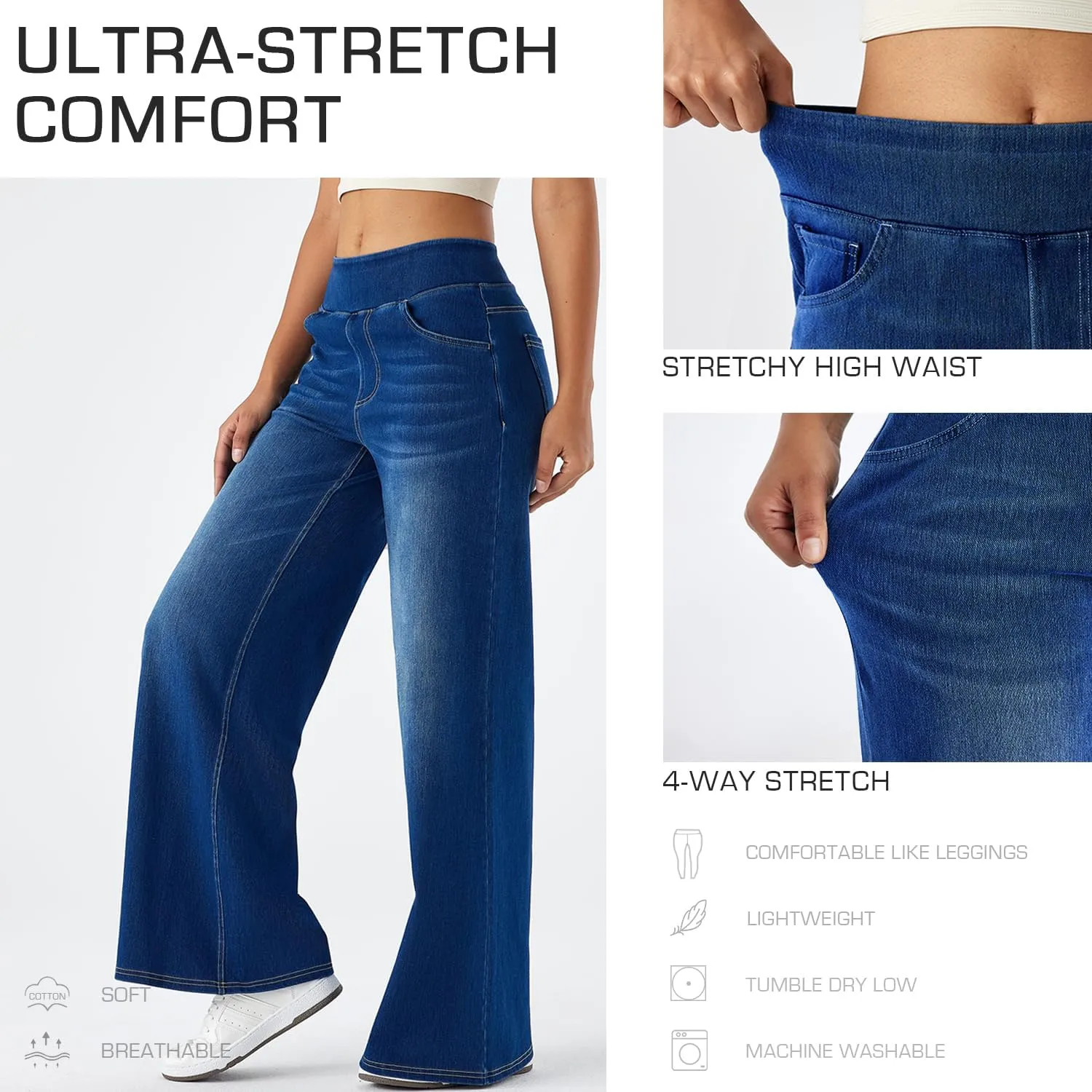 Women's High Waisted Wide Leg Jeggings – Stretch Denim Pull On Flare Jeans with Pockets Casual Comfy Pants