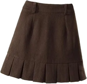 Women's Korean Pleated Solid Color Corduroy Skirt Autumn Winter High Waist All-Match A-Line Mini Skirts