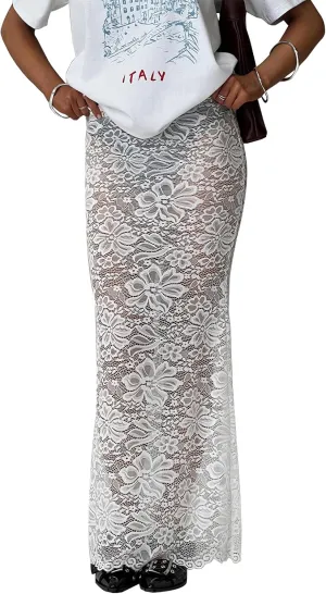 Womens Lace Maxi Skirt Y2k High Waist Sheer Mesh Midi Skirt Sexy See Through Cover Up Long Skirt Streetwear