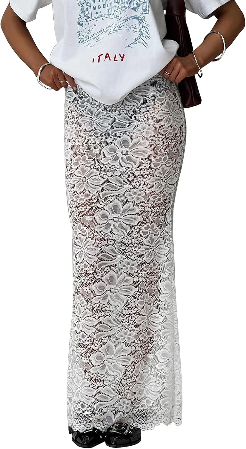 Womens Lace Maxi Skirt Y2k High Waist Sheer Mesh Midi Skirt Sexy See Through Cover Up Long Skirt Streetwear