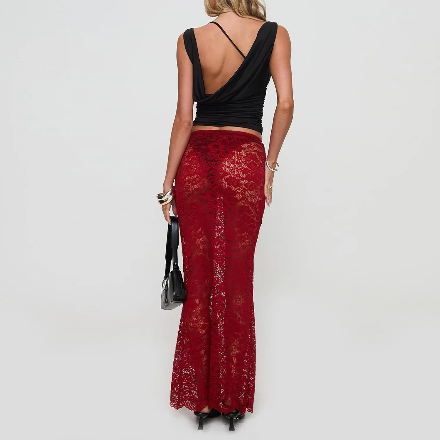 Womens Lace Maxi Skirt Y2k High Waist Sheer Mesh Midi Skirt Sexy See Through Cover Up Long Skirt Streetwear