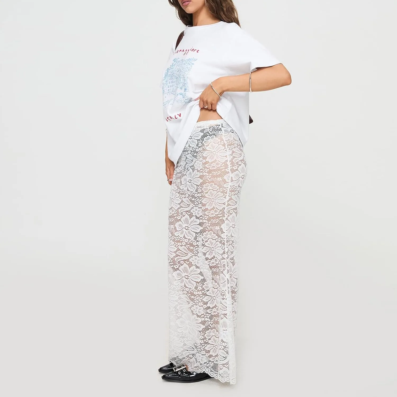 Womens Lace Maxi Skirt Y2k High Waist Sheer Mesh Midi Skirt Sexy See Through Cover Up Long Skirt Streetwear