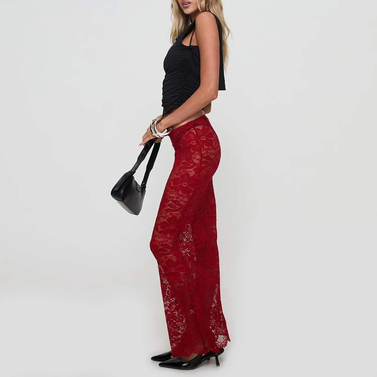 Womens Lace Maxi Skirt Y2k High Waist Sheer Mesh Midi Skirt Sexy See Through Cover Up Long Skirt Streetwear