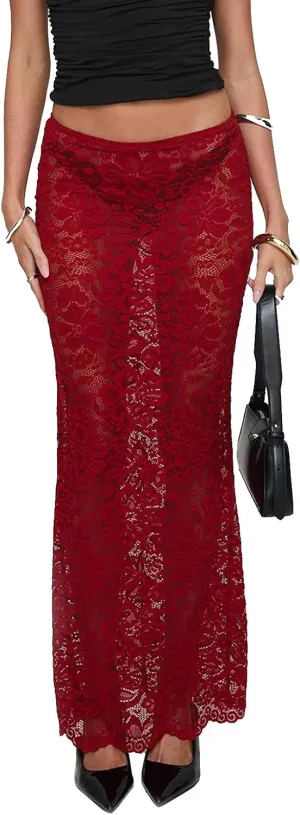 Womens Lace Maxi Skirt Y2k High Waist Sheer Mesh Midi Skirt Sexy See Through Cover Up Long Skirt Streetwear