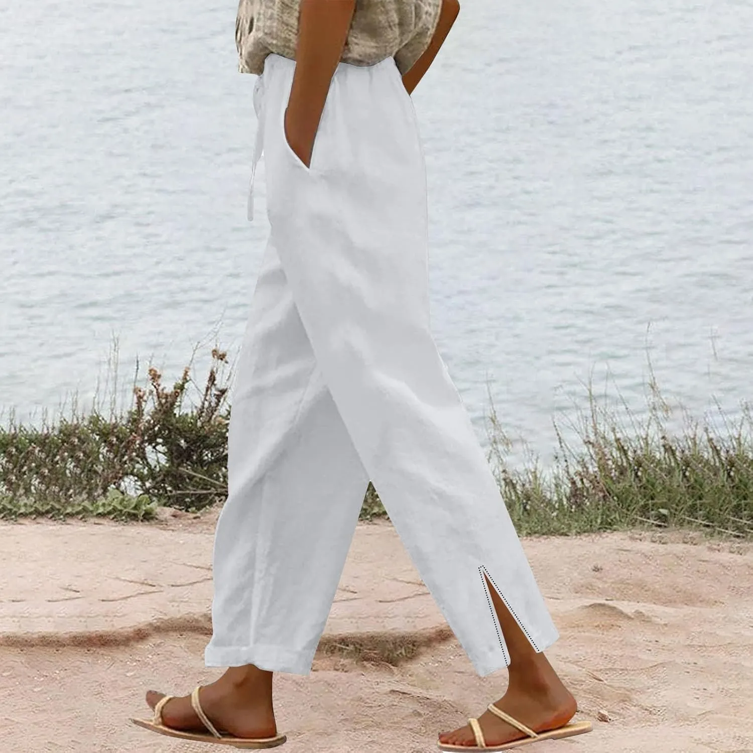 Women's Linen Pants with Drawstring & Split Hem - Summer Casual Linen Trousers Elastic Waist Lightweight Capris