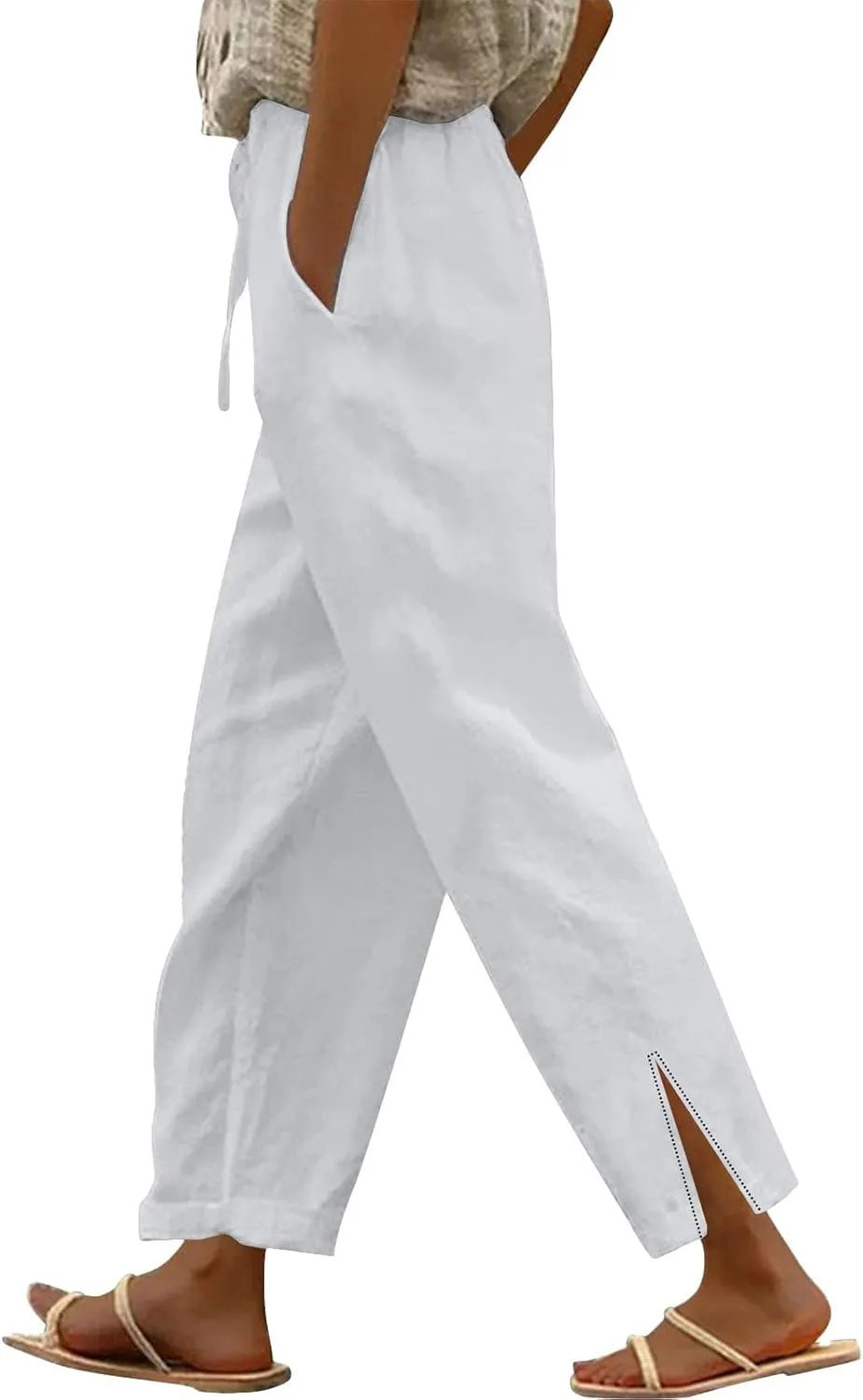 Women's Linen Pants with Drawstring & Split Hem - Summer Casual Linen Trousers Elastic Waist Lightweight Capris