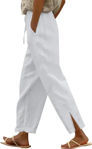 Women's Linen Pants with Drawstring & Split Hem - Summer Casual Linen Trousers Elastic Waist Lightweight Capris