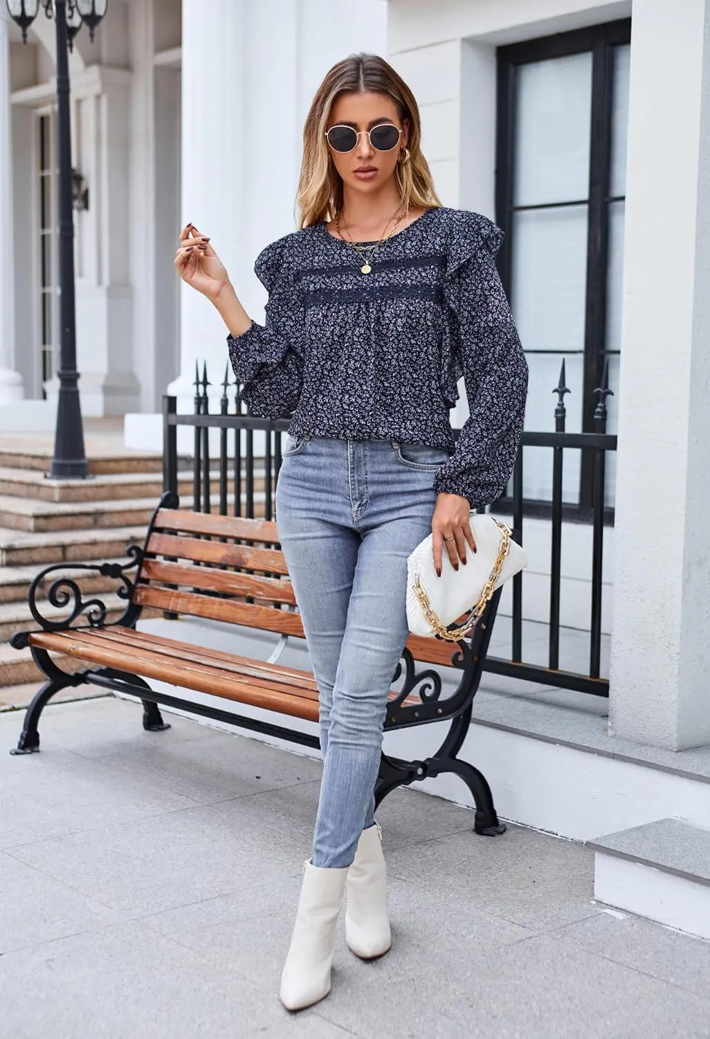 Women's Long Sleeve Blouse Loose Casual Crewneck Shirts Boho Floral Swiss Dot Ruffle Tops 2025 Spring Dressy Tunic