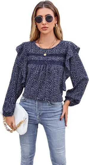 Women's Long Sleeve Blouse Loose Casual Crewneck Shirts Boho Floral Swiss Dot Ruffle Tops 2025 Spring Dressy Tunic