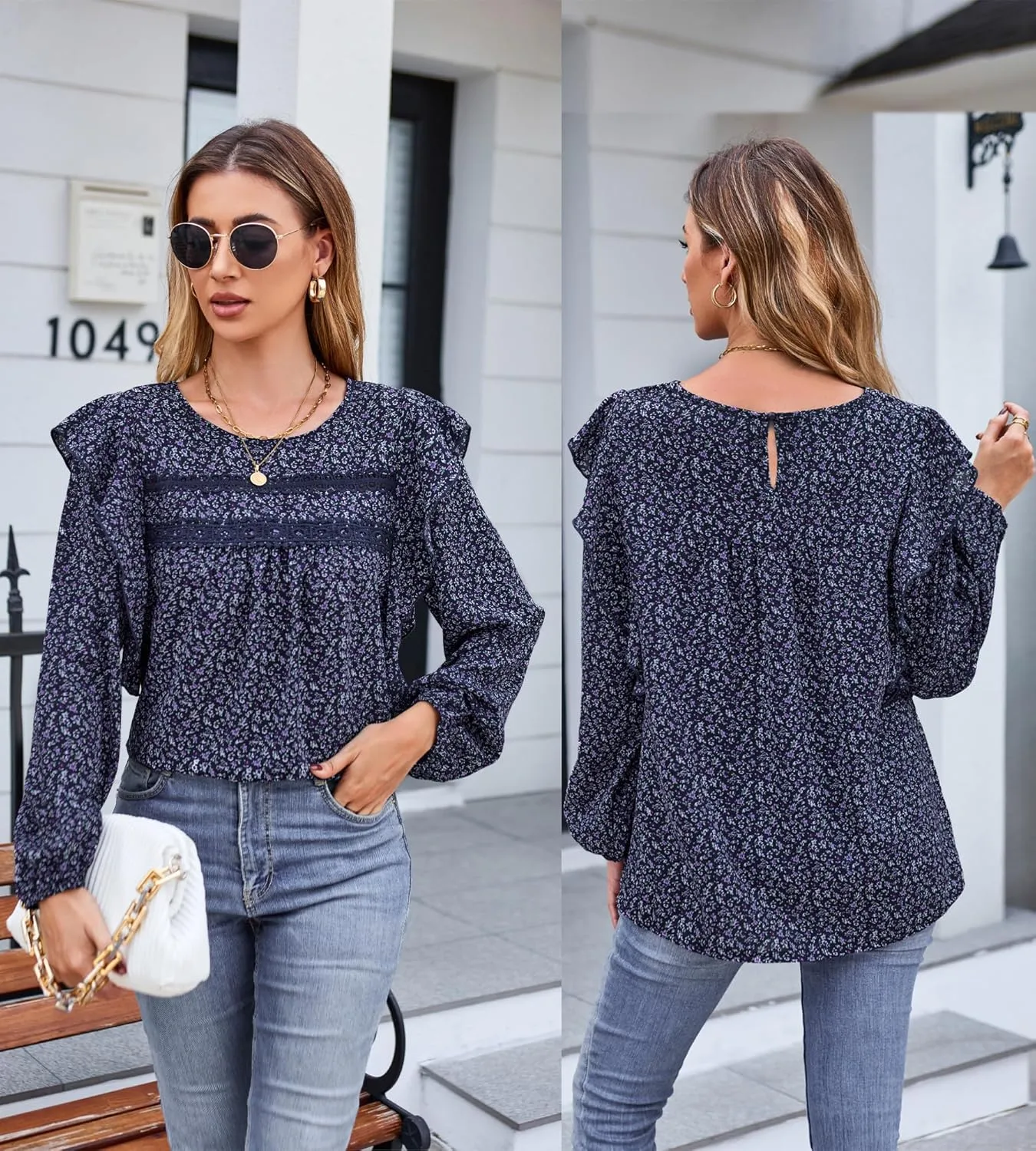 Women's Long Sleeve Blouse Loose Casual Crewneck Shirts Boho Floral Swiss Dot Ruffle Tops 2025 Spring Dressy Tunic
