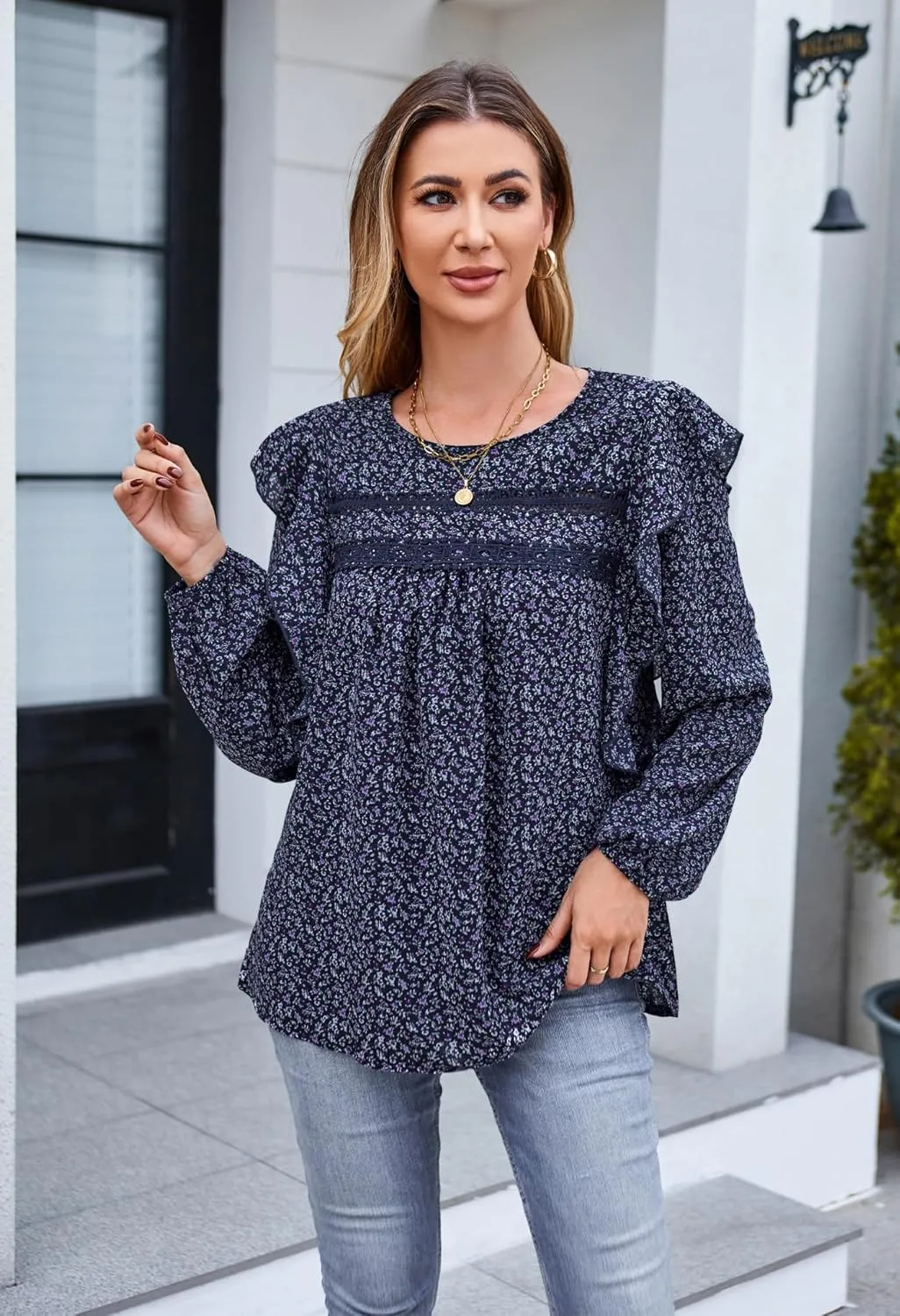 Women's Long Sleeve Blouse Loose Casual Crewneck Shirts Boho Floral Swiss Dot Ruffle Tops 2025 Spring Dressy Tunic