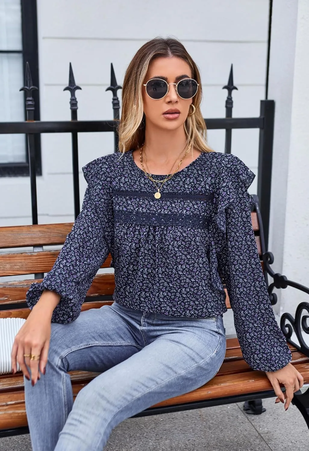 Women's Long Sleeve Blouse Loose Casual Crewneck Shirts Boho Floral Swiss Dot Ruffle Tops 2025 Spring Dressy Tunic