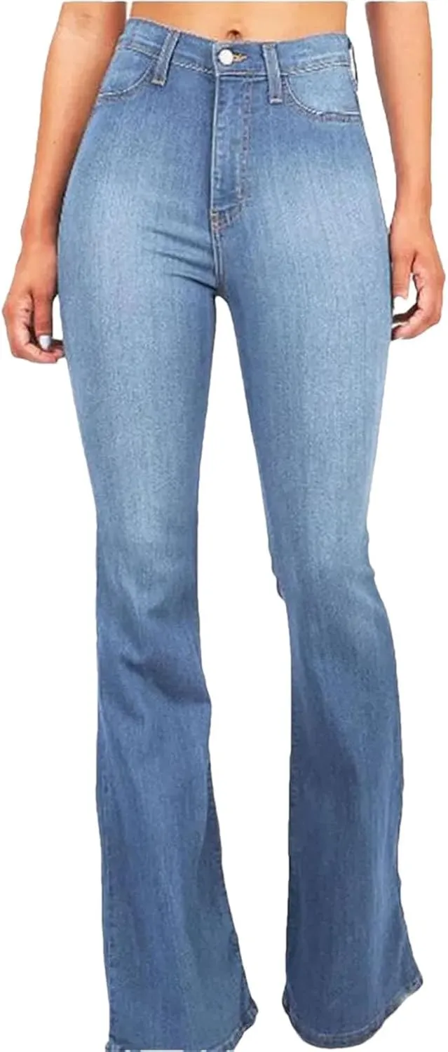 Women's Mid-Rise Flared Jeans Stretch Classic Slim Vintage Washed Jeans