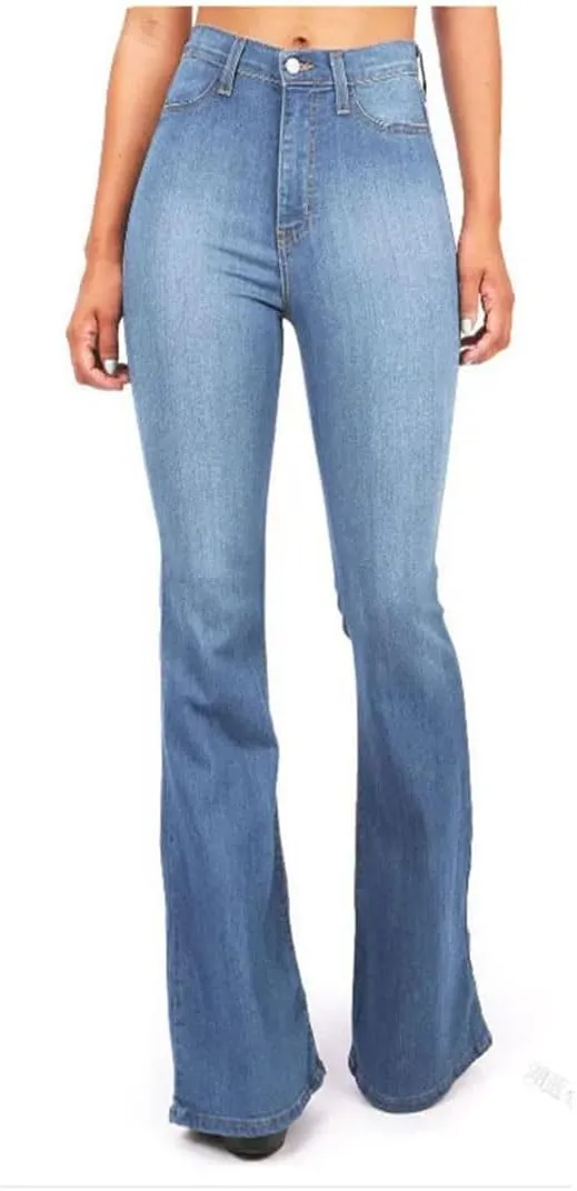 Women's Mid-Rise Flared Jeans Stretch Classic Slim Vintage Washed Jeans