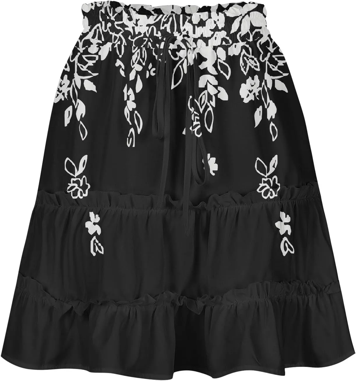 Women's Mini Skirt Dressy Casual Cute Floral Print Skirt Loose Fit Drawstring High Waist Pleated Flowy Tiered Skirts