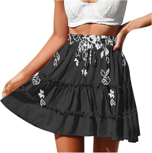 Women's Mini Skirt Dressy Casual Cute Floral Print Skirt Loose Fit Drawstring High Waist Pleated Flowy Tiered Skirts