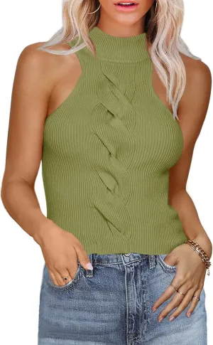 Womens Mock Neck Twist Front Knit Sweater Vest Sleeveless Ribbed Slim Fit Solid Soft Sexy Trendy Pullover Tank Tops