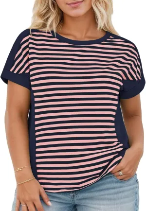 Womens Plus Size Summer Tops Casual Crewneck Going Out Tee Oversized Striped Color Block Shirts Navy Blue 2XL