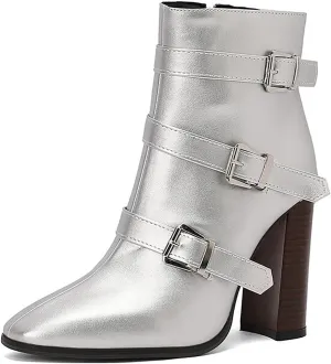 Women's Printed Leather Chunky High Heel Ankle Boots with Side Zipper Fashion Buckle Strap Pointed Toe Comfort Stack Heel Short Bootie Fall Winter Walking Dress Boots