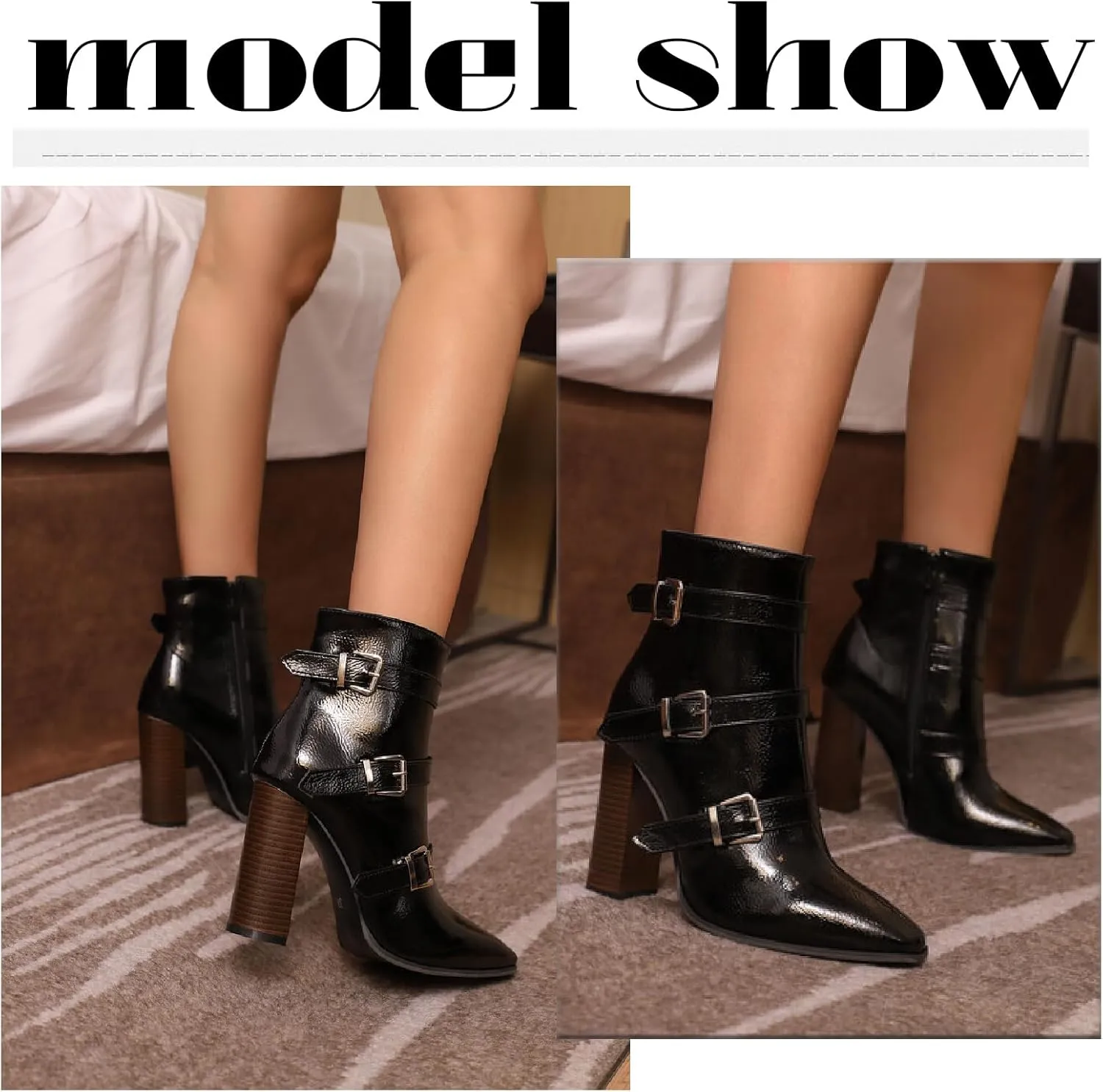 Women's Printed Leather Chunky High Heel Ankle Boots with Side Zipper Fashion Buckle Strap Pointed Toe Comfort Stack Heel Short Bootie Fall Winter Walking Dress Boots