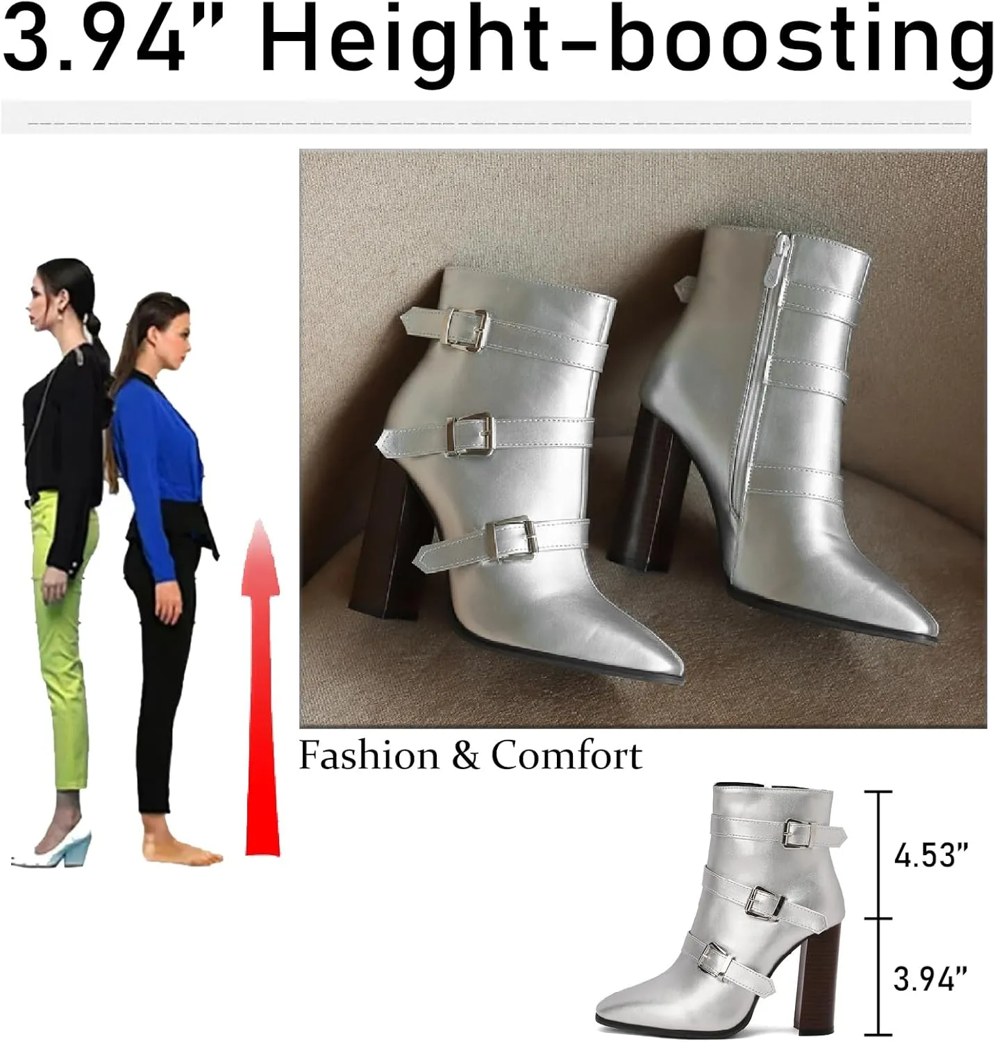 Women's Printed Leather Chunky High Heel Ankle Boots with Side Zipper Fashion Buckle Strap Pointed Toe Comfort Stack Heel Short Bootie Fall Winter Walking Dress Boots