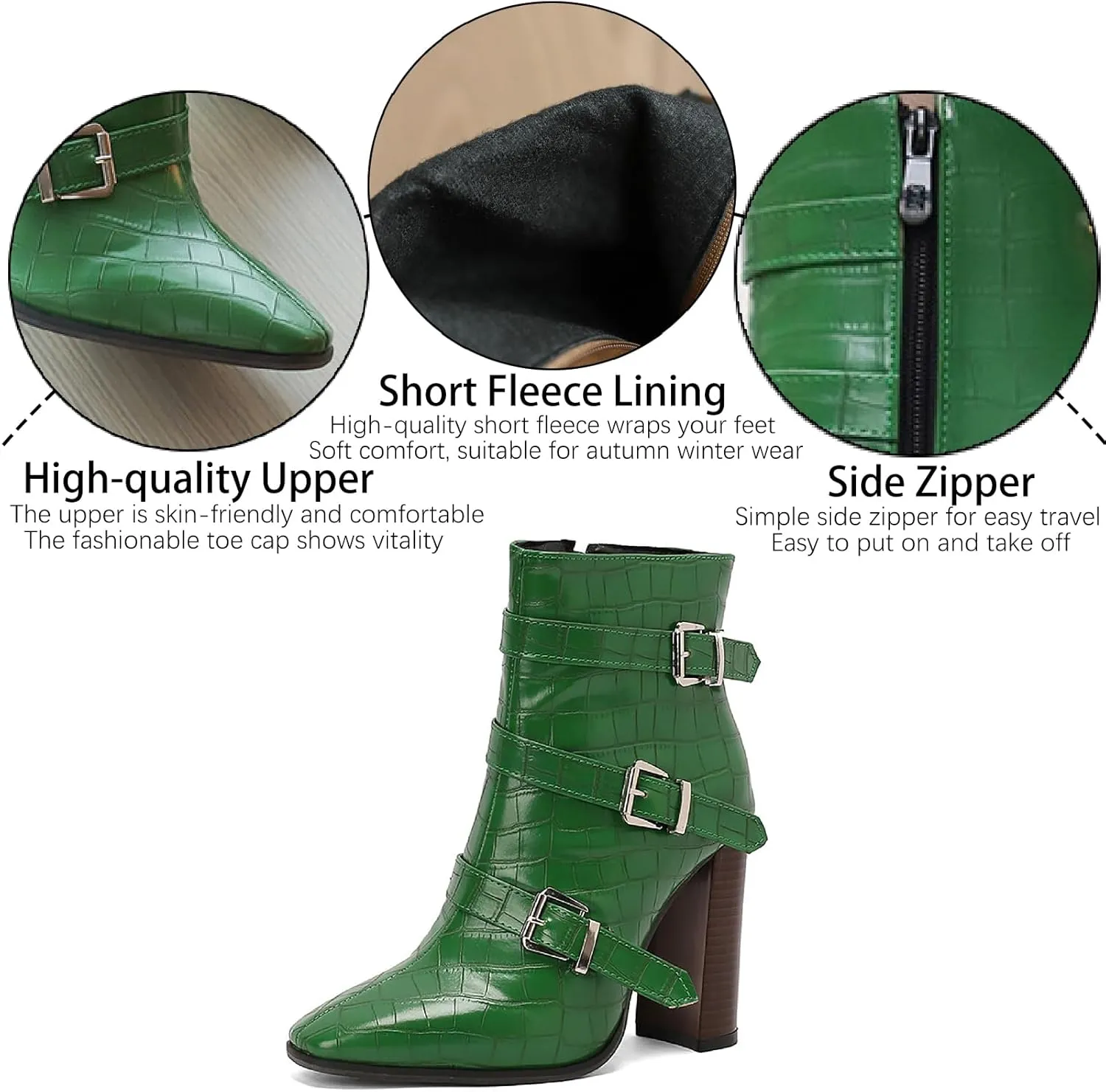 Women's Printed Leather Chunky High Heel Ankle Boots with Side Zipper Fashion Buckle Strap Pointed Toe Comfort Stack Heel Short Bootie Fall Winter Walking Dress Boots