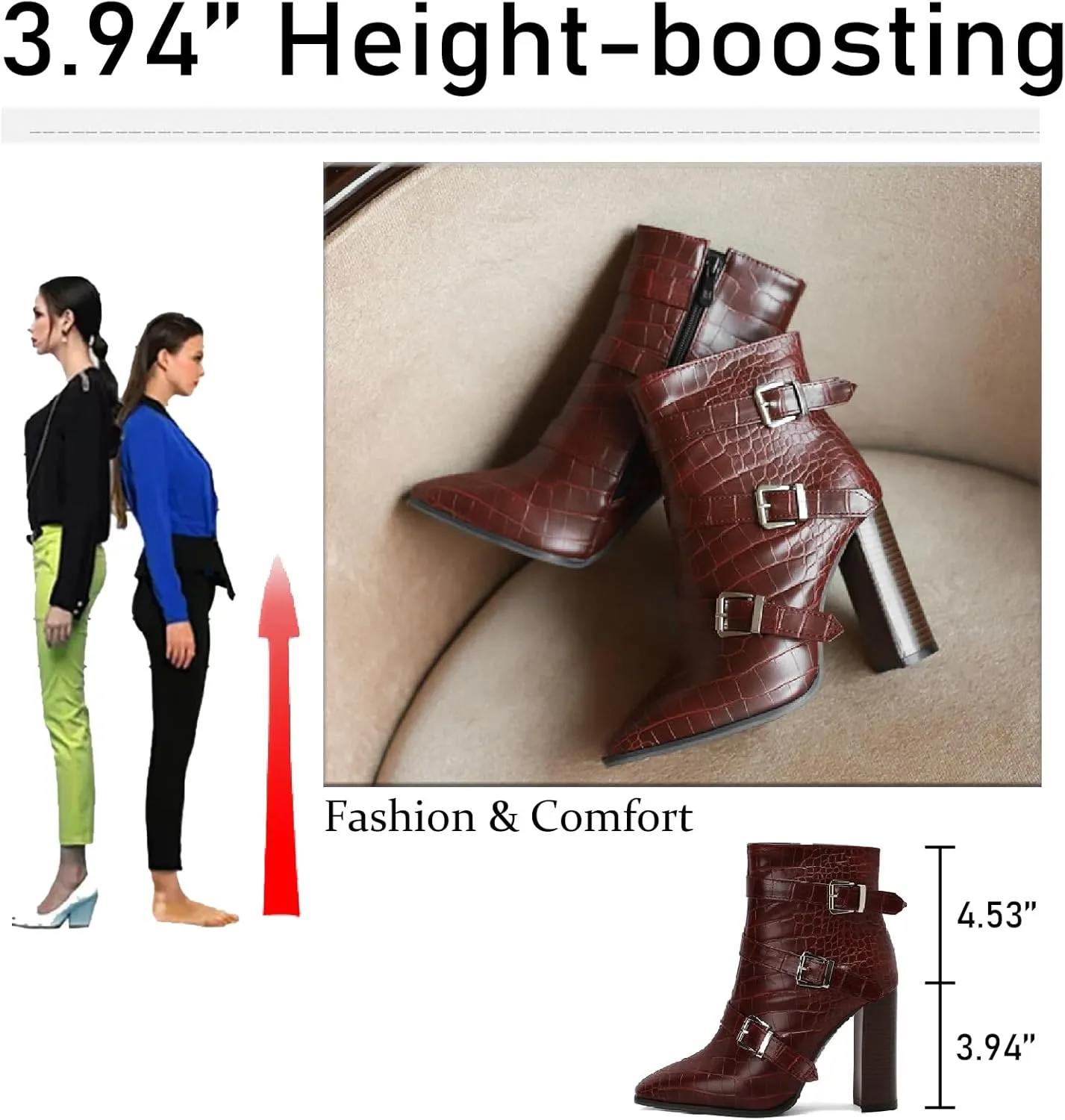 Women's Printed Leather Chunky High Heel Ankle Boots with Side Zipper Fashion Buckle Strap Pointed Toe Comfort Stack Heel Short Bootie Fall Winter Walking Dress Boots