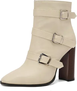 Women's Printed Leather Chunky High Heel Ankle Boots with Side Zipper Fashion Buckle Strap Pointed Toe Comfort Stack Heel Short Bootie Fall Winter Walking Dress Boots