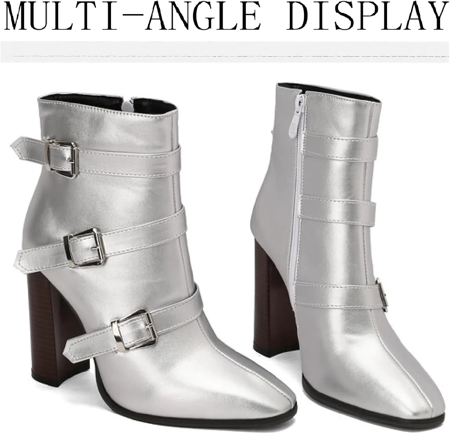 Women's Printed Leather Chunky High Heel Ankle Boots with Side Zipper Fashion Buckle Strap Pointed Toe Comfort Stack Heel Short Bootie Fall Winter Walking Dress Boots