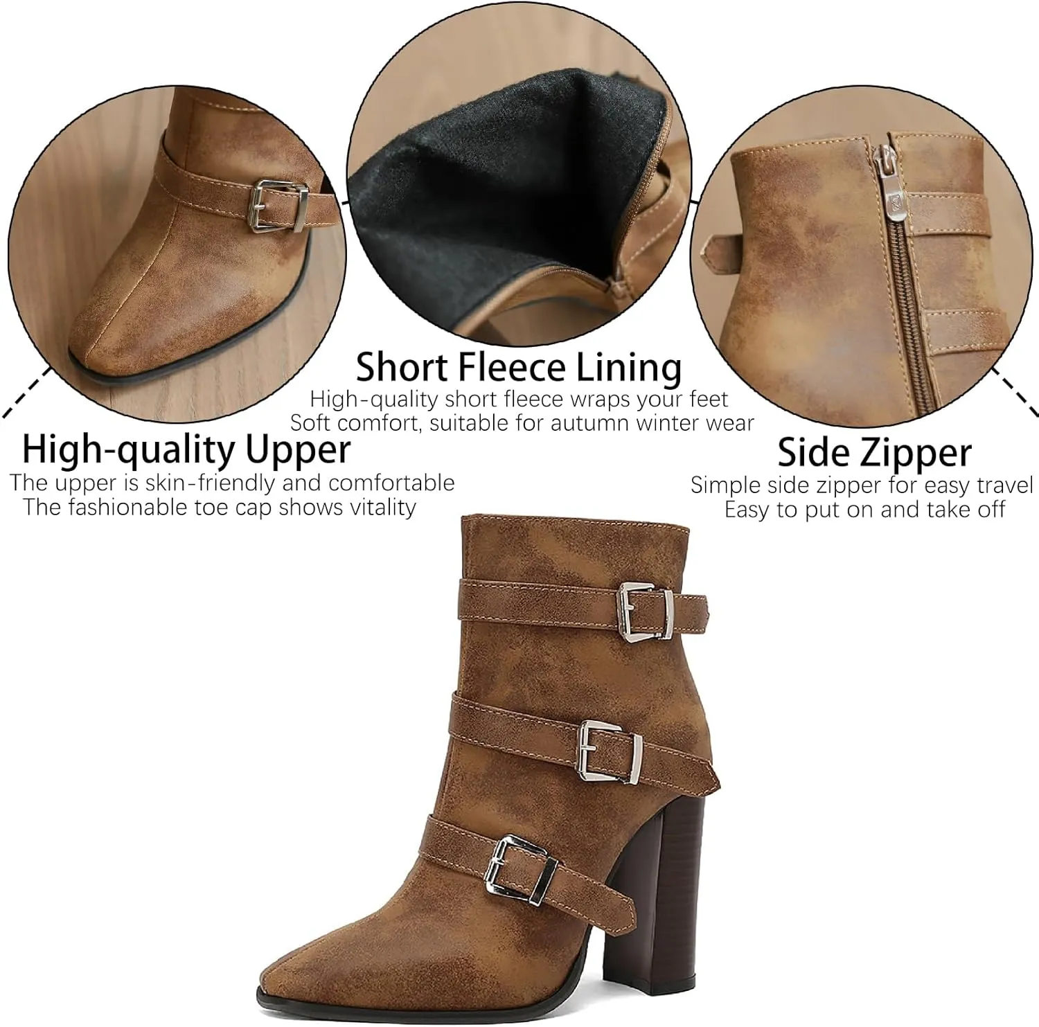 Women's Printed Leather Chunky High Heel Ankle Boots with Side Zipper Fashion Buckle Strap Pointed Toe Comfort Stack Heel Short Bootie Fall Winter Walking Dress Boots