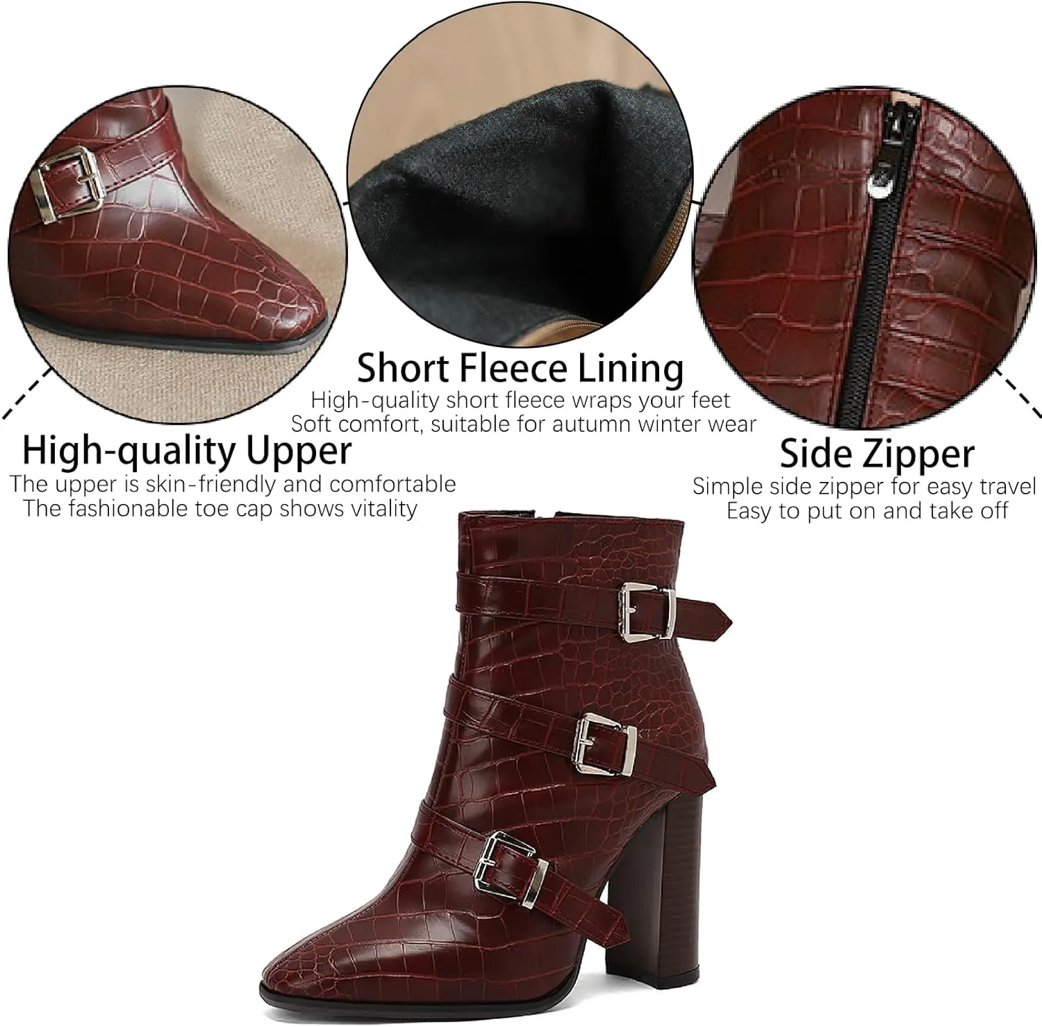 Women's Printed Leather Chunky High Heel Ankle Boots with Side Zipper Fashion Buckle Strap Pointed Toe Comfort Stack Heel Short Bootie Fall Winter Walking Dress Boots