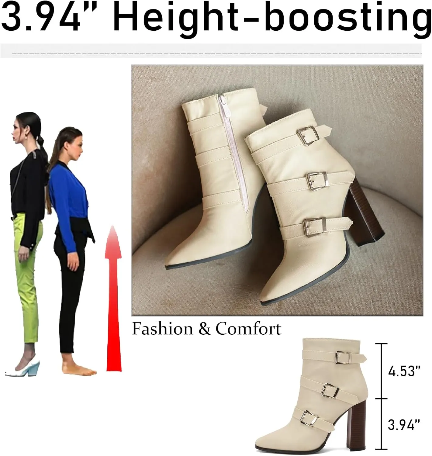 Women's Printed Leather Chunky High Heel Ankle Boots with Side Zipper Fashion Buckle Strap Pointed Toe Comfort Stack Heel Short Bootie Fall Winter Walking Dress Boots