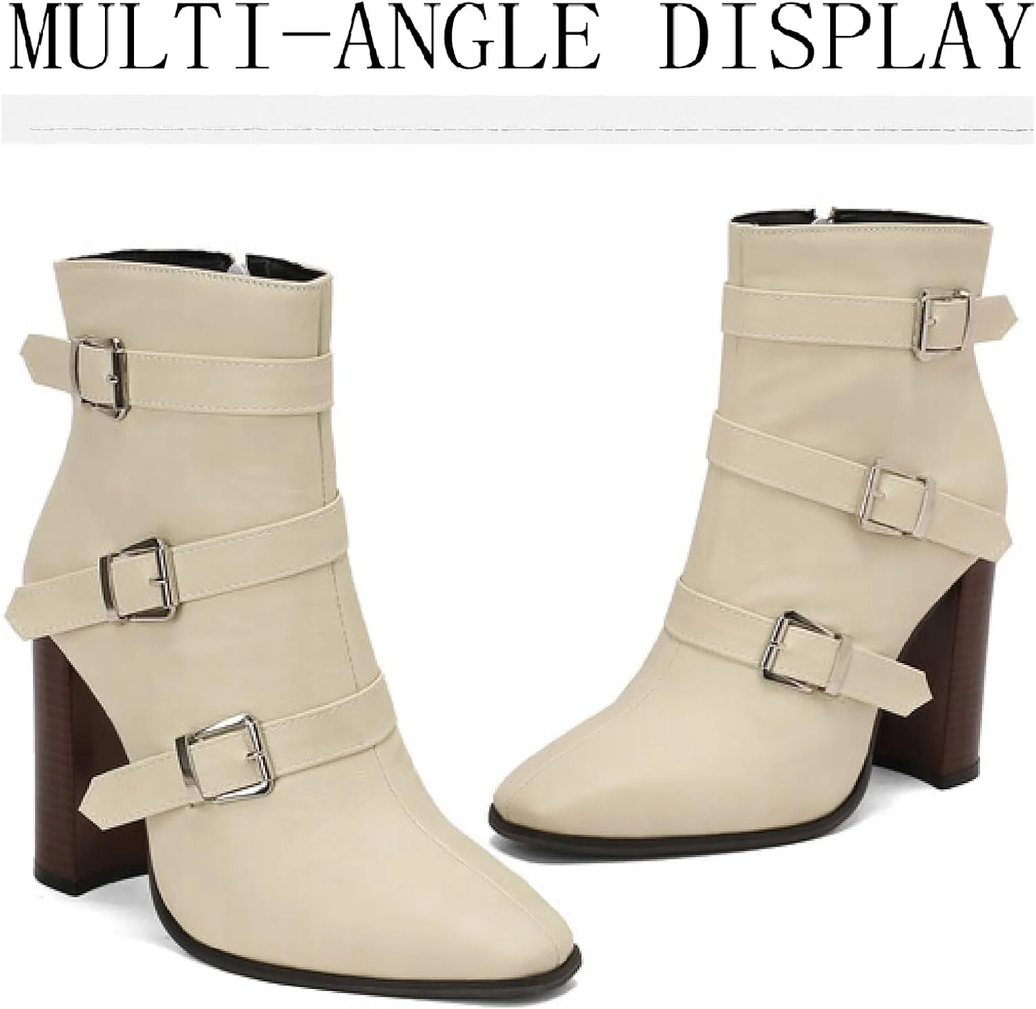 Women's Printed Leather Chunky High Heel Ankle Boots with Side Zipper Fashion Buckle Strap Pointed Toe Comfort Stack Heel Short Bootie Fall Winter Walking Dress Boots