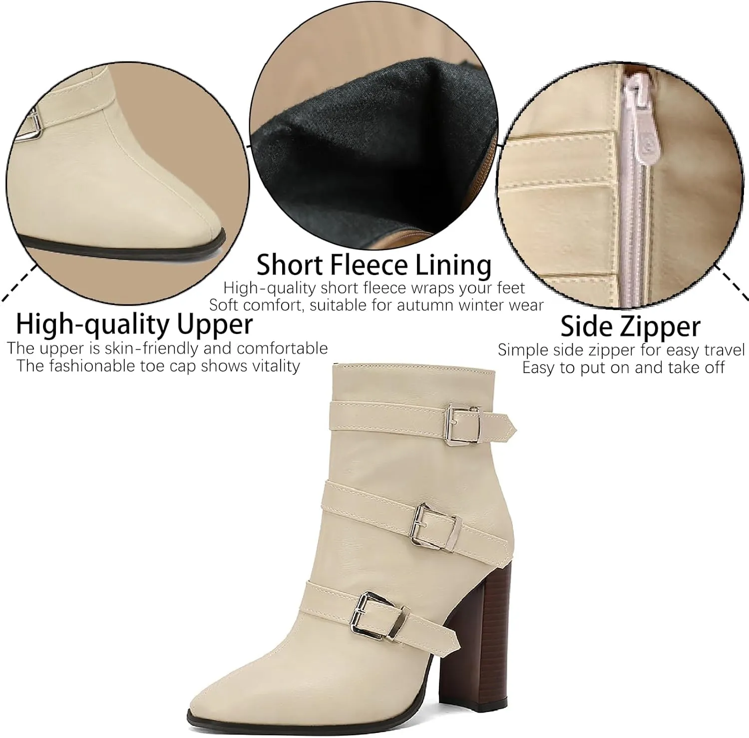 Women's Printed Leather Chunky High Heel Ankle Boots with Side Zipper Fashion Buckle Strap Pointed Toe Comfort Stack Heel Short Bootie Fall Winter Walking Dress Boots