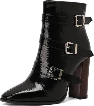 Women's Printed Leather Chunky High Heel Ankle Boots with Side Zipper Fashion Buckle Strap Pointed Toe Comfort Stack Heel Short Bootie Fall Winter Walking Dress Boots