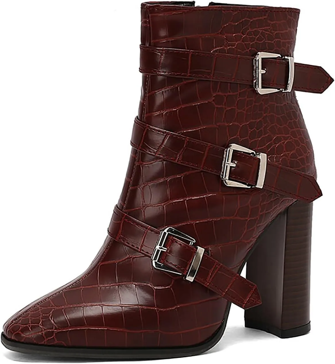 Women's Printed Leather Chunky High Heel Ankle Boots with Side Zipper Fashion Buckle Strap Pointed Toe Comfort Stack Heel Short Bootie Fall Winter Walking Dress Boots
