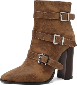 Women's Printed Leather Chunky High Heel Ankle Boots with Side Zipper Fashion Buckle Strap Pointed Toe Comfort Stack Heel Short Bootie Fall Winter Walking Dress Boots