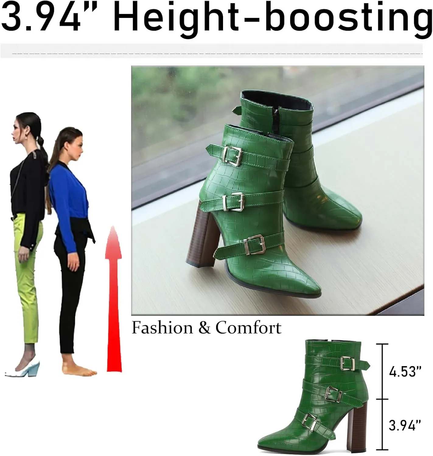 Women's Printed Leather Chunky High Heel Ankle Boots with Side Zipper Fashion Buckle Strap Pointed Toe Comfort Stack Heel Short Bootie Fall Winter Walking Dress Boots