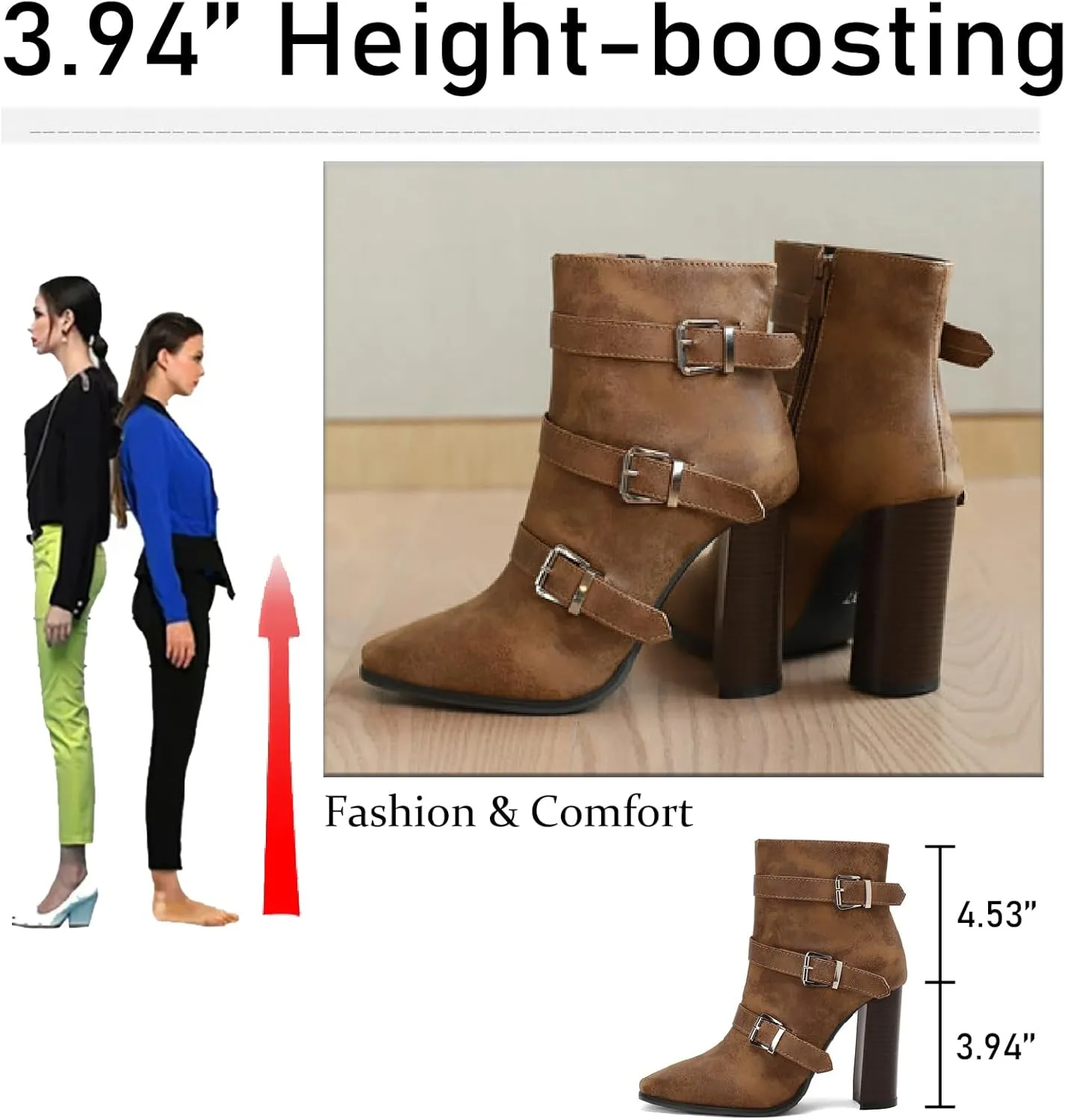 Women's Printed Leather Chunky High Heel Ankle Boots with Side Zipper Fashion Buckle Strap Pointed Toe Comfort Stack Heel Short Bootie Fall Winter Walking Dress Boots